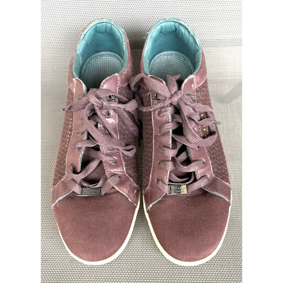 TED BAKER SIZE 10.5 PLUM/BLACK LACE-UP PRINT CANVAS LEATHER MEN'S SNEAKERS MEN'S - Picture 2 of 9